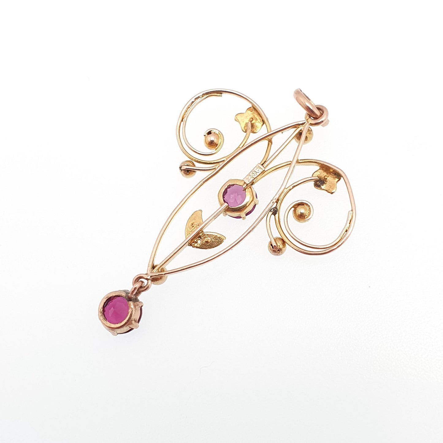 Antique 9ct Gold Pink Tourmaline Necklace Pendant Solid 9kt 9k Openwork Art Nouveau Edwardian Lavaliere Vintage Womens Jewelry Jewellery