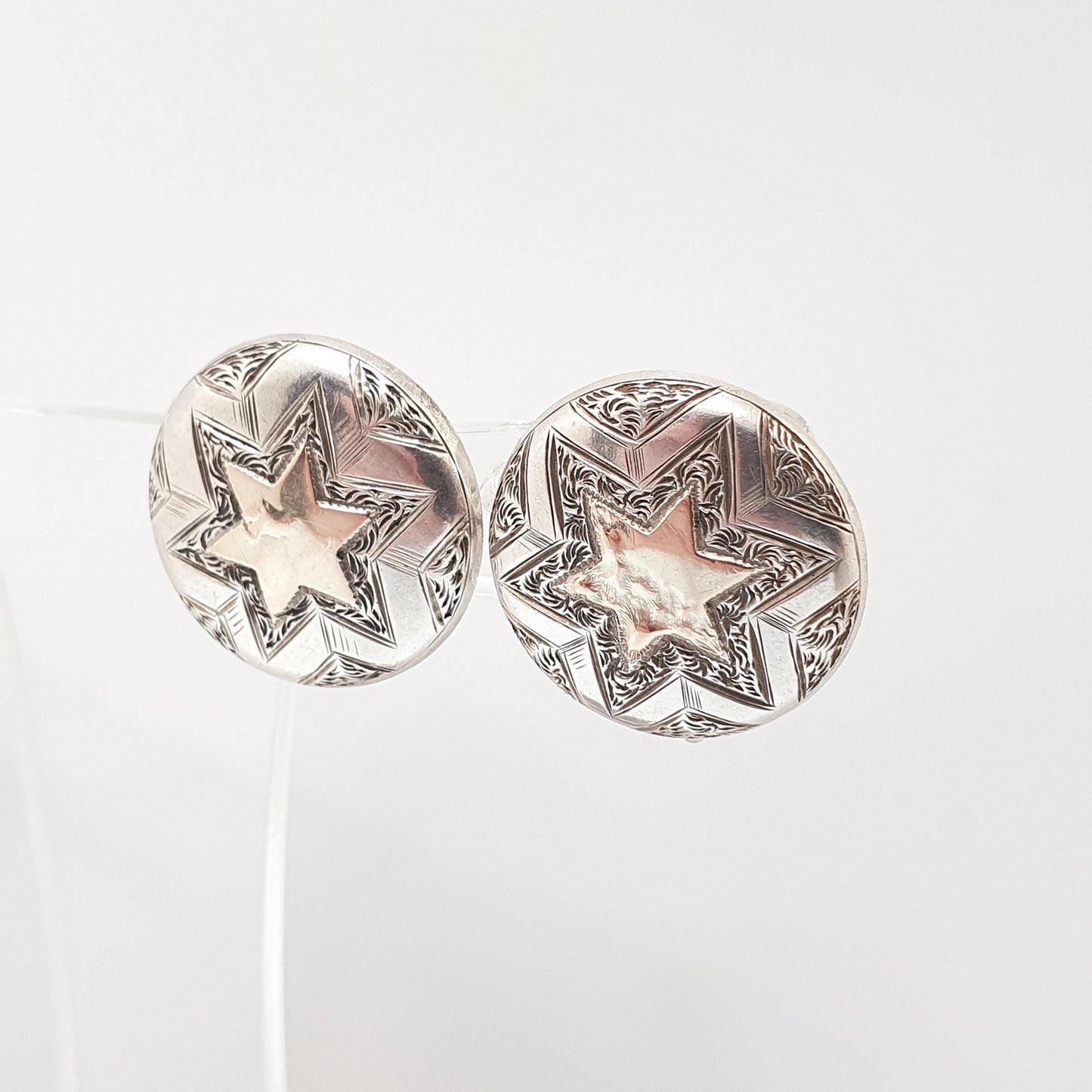 Antique Victorian Solid Silver Star Earrings Gold Highlights Starburst Engraved Screw Back Vintage Jewelry Jewellery