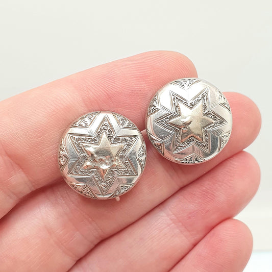 Antique Victorian Solid Silver Star Earrings Gold Highlights Starburst Engraved Screw Back Vintage Jewelry Jewellery
