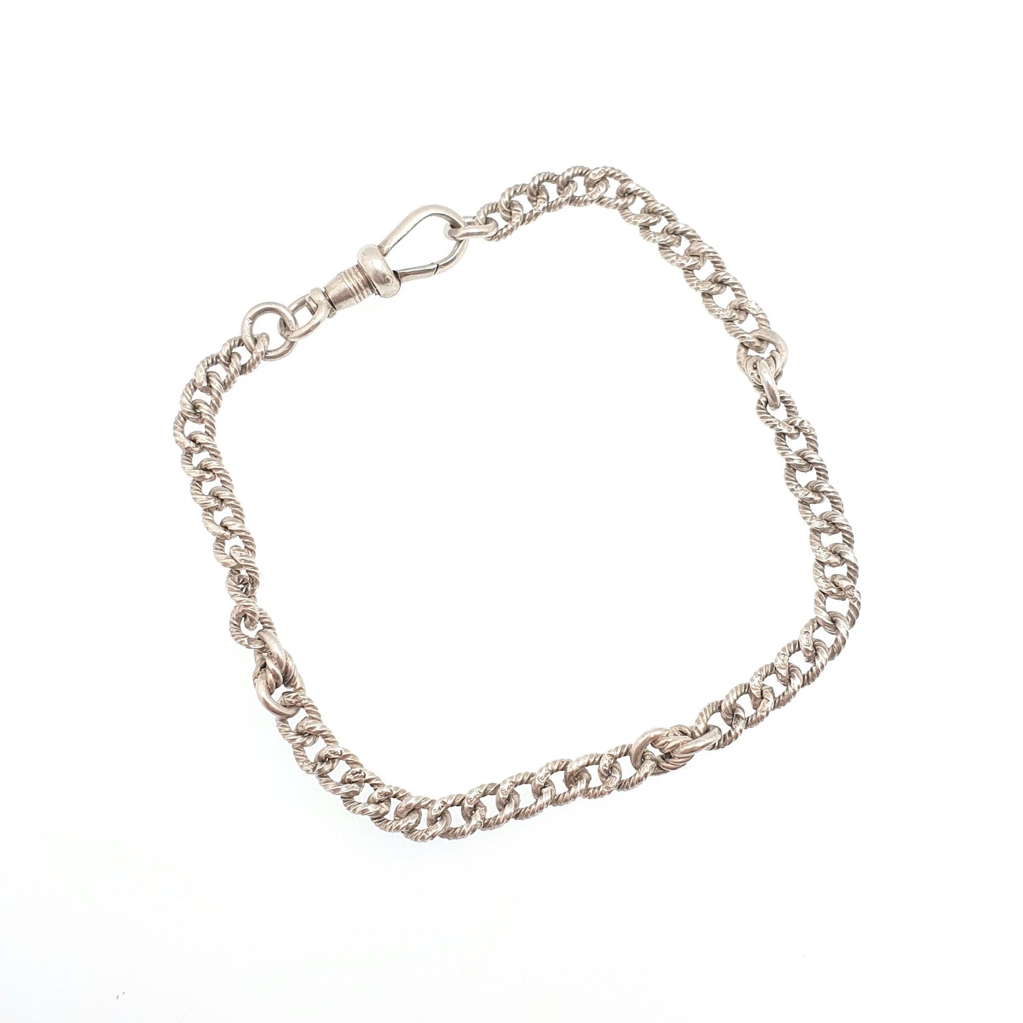 Antique Sterling Silver Patterned Curb Link Chain Bracelet Dog Clip Victorian Knot Links 55.88g 22cm Womens Mens Vintage Jewelry