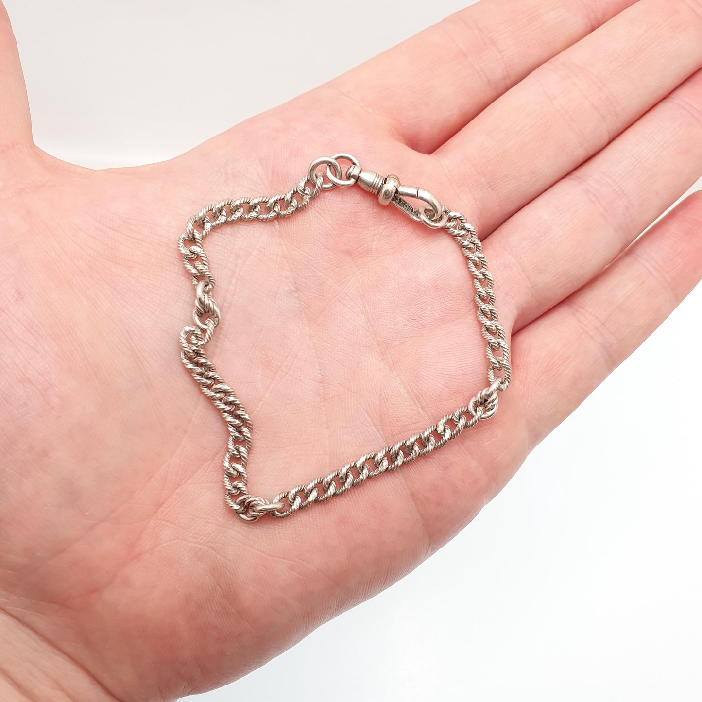 Antique Sterling Silver Patterned Curb Link Chain Bracelet Dog Clip Victorian Knot Links 55.88g 22cm Womens Mens Vintage Jewelry