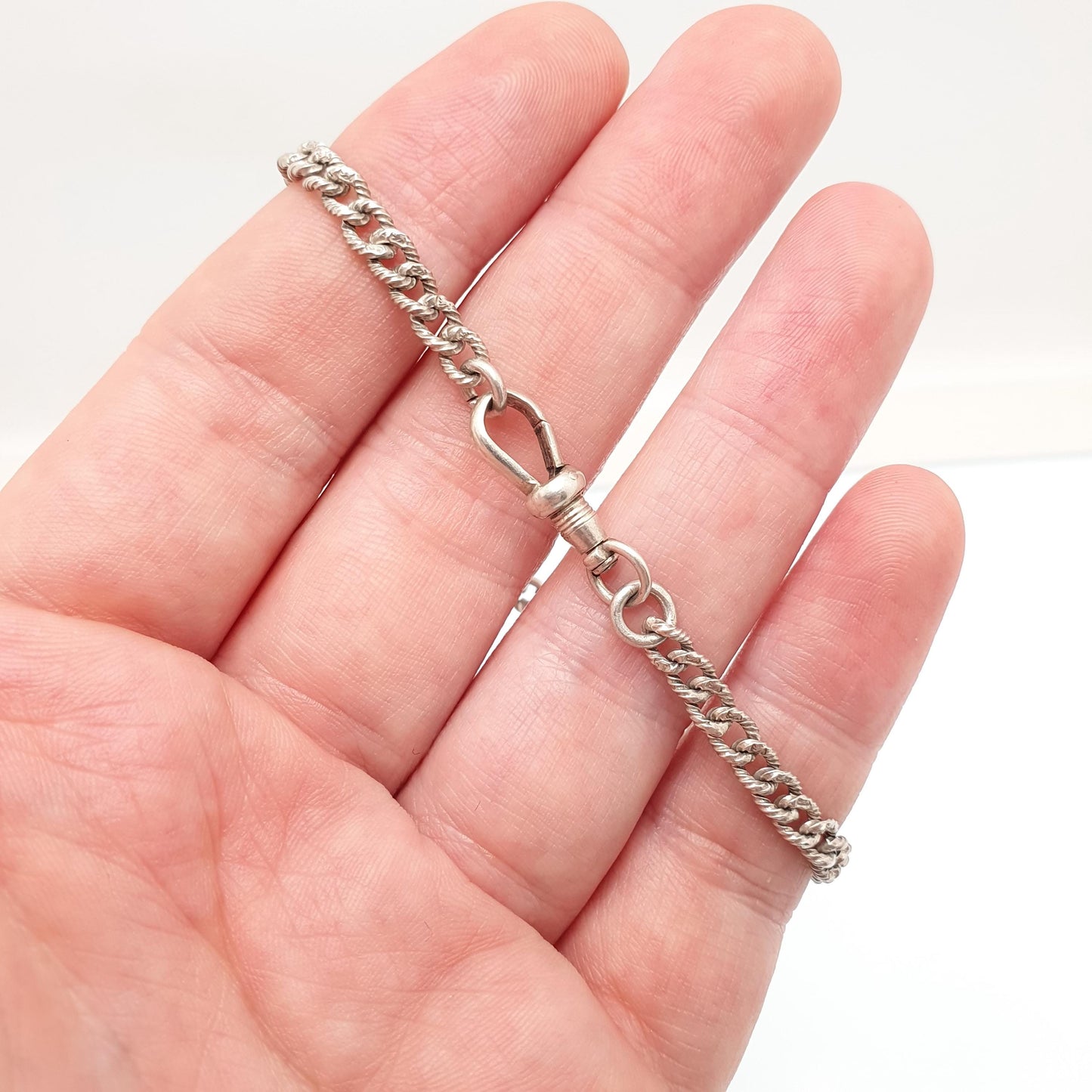 Antique Sterling Silver Patterned Curb Link Chain Bracelet Dog Clip Victorian Knot Links 55.88g 22cm Womens Mens Vintage Jewelry