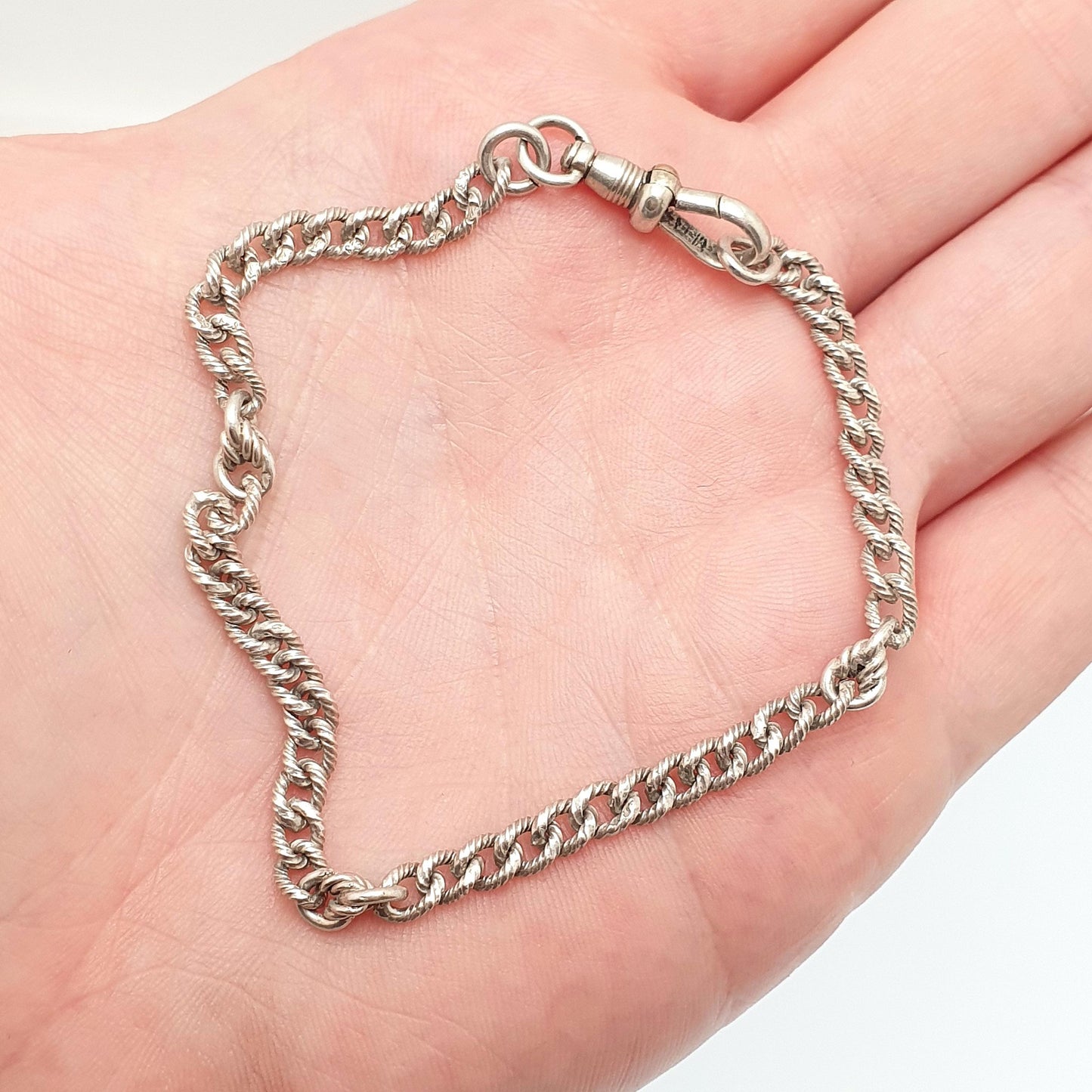 Antique Sterling Silver Patterned Curb Link Chain Bracelet Dog Clip Victorian Knot Links 55.88g 22cm Womens Mens Vintage Jewelry