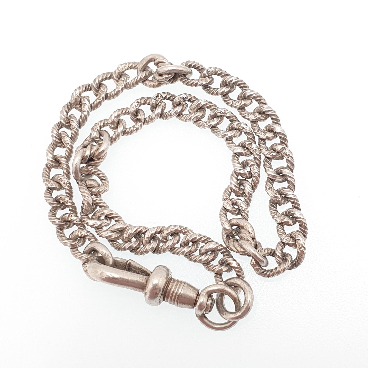 Antique Sterling Silver Patterned Curb Link Chain Bracelet Dog Clip Victorian Knot Links 55.88g 22cm Womens Mens Vintage Jewelry