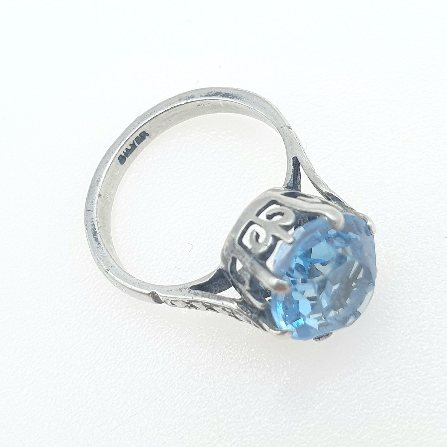 Antique Art Deco Solid Silver Aquamarine Paste Ring Oval Cut Cyan Blue Glass Solitaire Womens Mens Vintage Jewelry Jewellery
