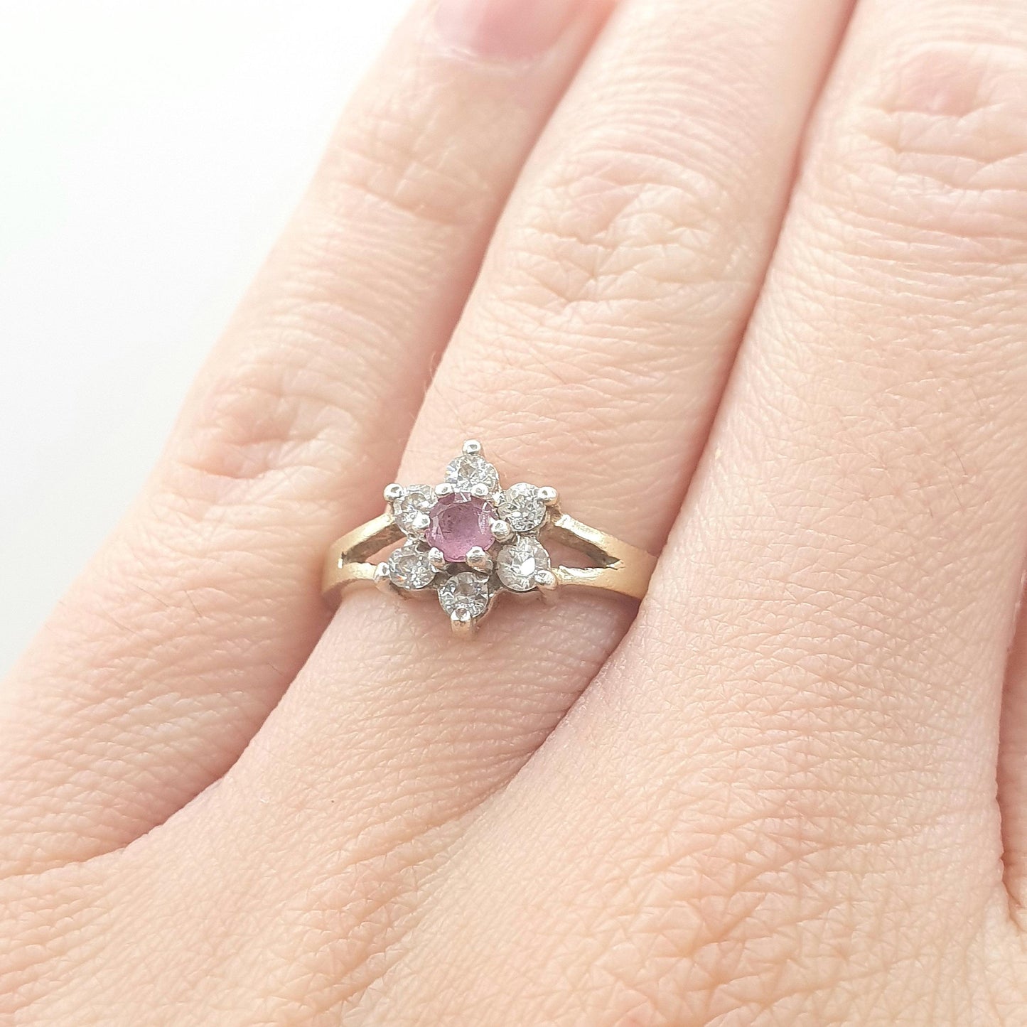 Vintage Gold on Sterling Silver Ruby Ring Cluster CZ Border Genuine Red Gemstone 925 Flower Womens Jewelry Jewellery UK L.5 US 6