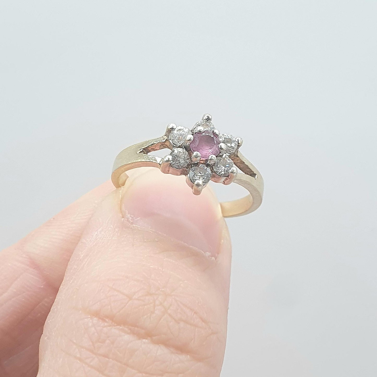 Vintage Gold on Sterling Silver Ruby Ring Cluster CZ Border Genuine Red Gemstone 925 Flower Womens Jewelry Jewellery UK L.5 US 6