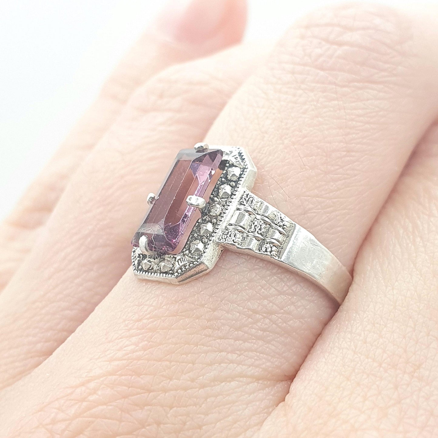 Antique Solid Silver Amethyst Paste Ring Rectagular Cut Art Deco Lilac Purple Womens Jewelry Retro Vintage Jewellery UK O.5 US 7.5