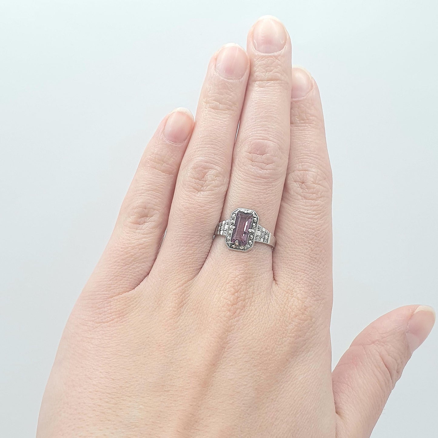 Antique Solid Silver Amethyst Paste Ring Rectagular Cut Art Deco Lilac Purple Womens Jewelry Retro Vintage Jewellery UK O.5 US 7.5