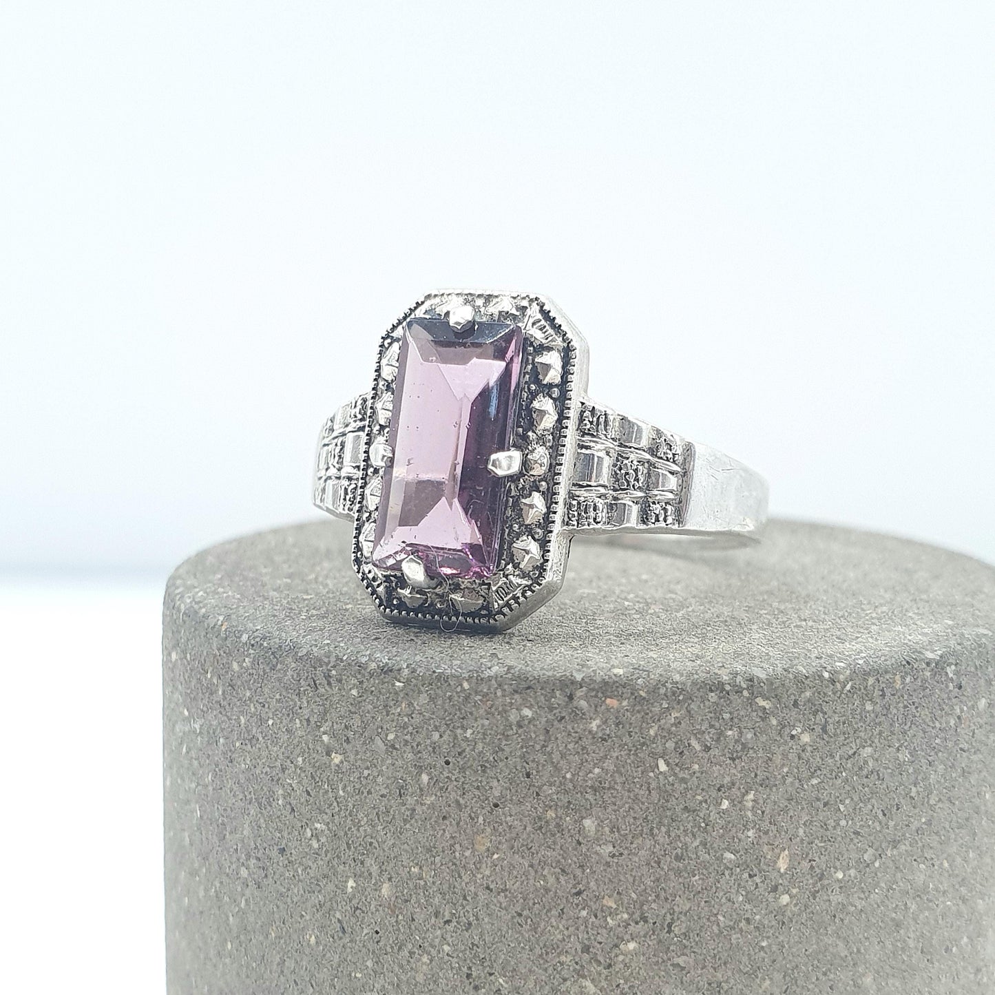 Antique Solid Silver Amethyst Paste Ring Rectagular Cut Art Deco Lilac Purple Womens Jewelry Retro Vintage Jewellery UK O.5 US 7.5