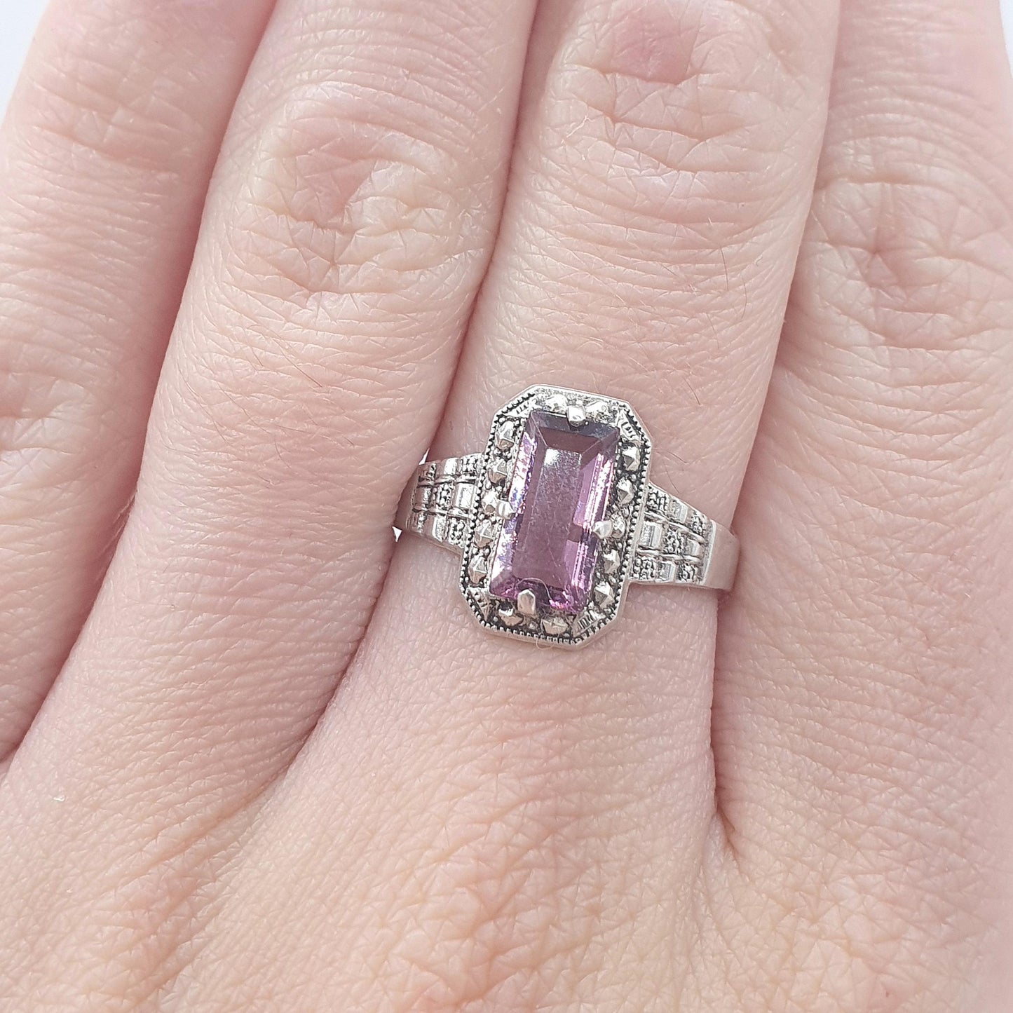 Antique Solid Silver Amethyst Paste Ring Rectagular Cut Art Deco Lilac Purple Womens Jewelry Retro Vintage Jewellery UK O.5 US 7.5