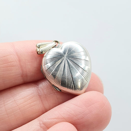 Antique Art Deco Solid Silver Back and Front Heart Locket Sunburst Pattern Keepsake Pendant Necklace Womens Unisex Jewelry Jewellery