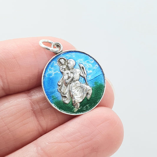 Vintage Sterling Silver Enamel St Christopher Pendant Blue and Green Travel Travelling Patron Womens Mens Jewellery Jewelry