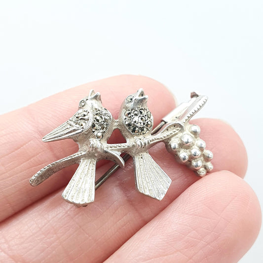 Antique Art Deco Solid Silver Bird Brooch Pair of Songbirds Grape Grapevine Marcasite Birds Womens Jewelry Jewellery