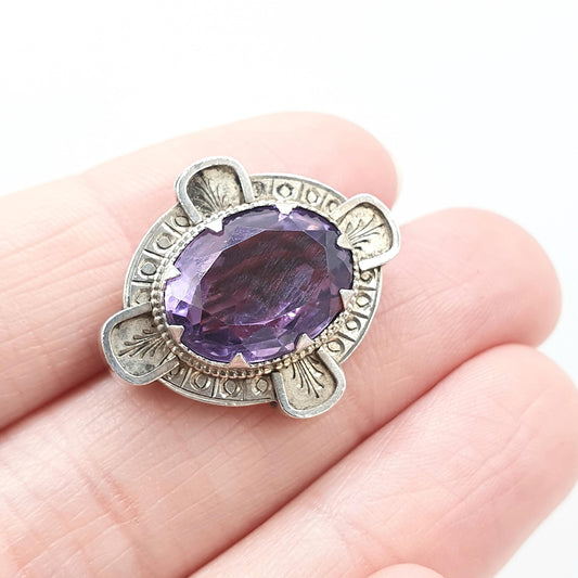 Antique Victorian Solid Silver Natural Amethyst Brooch Oval Cut Etruscan Revivial Vintage Womens Mens Jewelry Jewellery