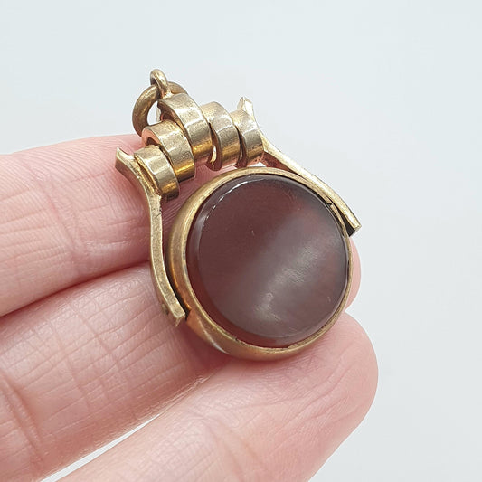 Antique Rolled Gold Bloodstone & Carnelian Spinner Fob Pendant Red Green Necklace Womens Jewellery Mens Jewelry Unisex