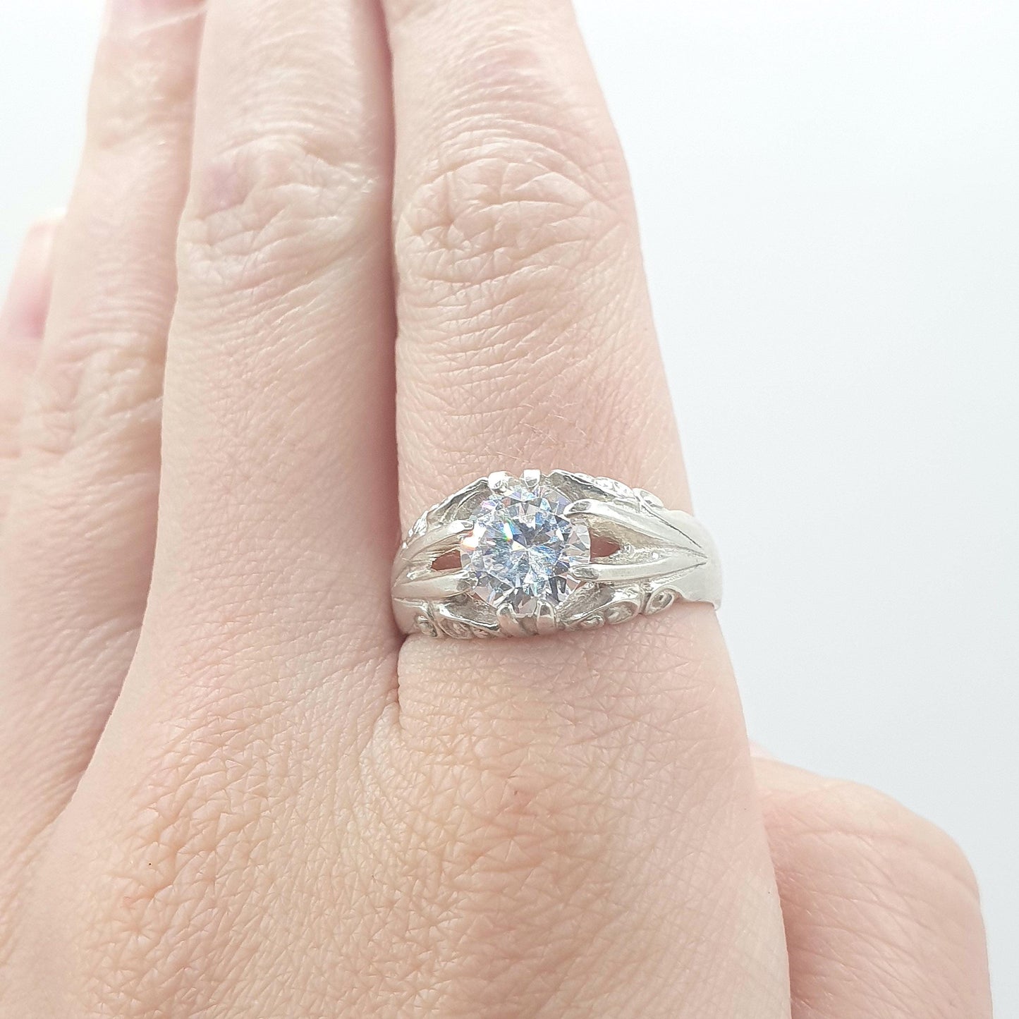 Vintage Solid Silver CZ Gypsy Ring Solitaire Round Cut Sparkly White Gemstone Large Retro Womens Mens Jewellery Jewelry UK U.5 US 10.25