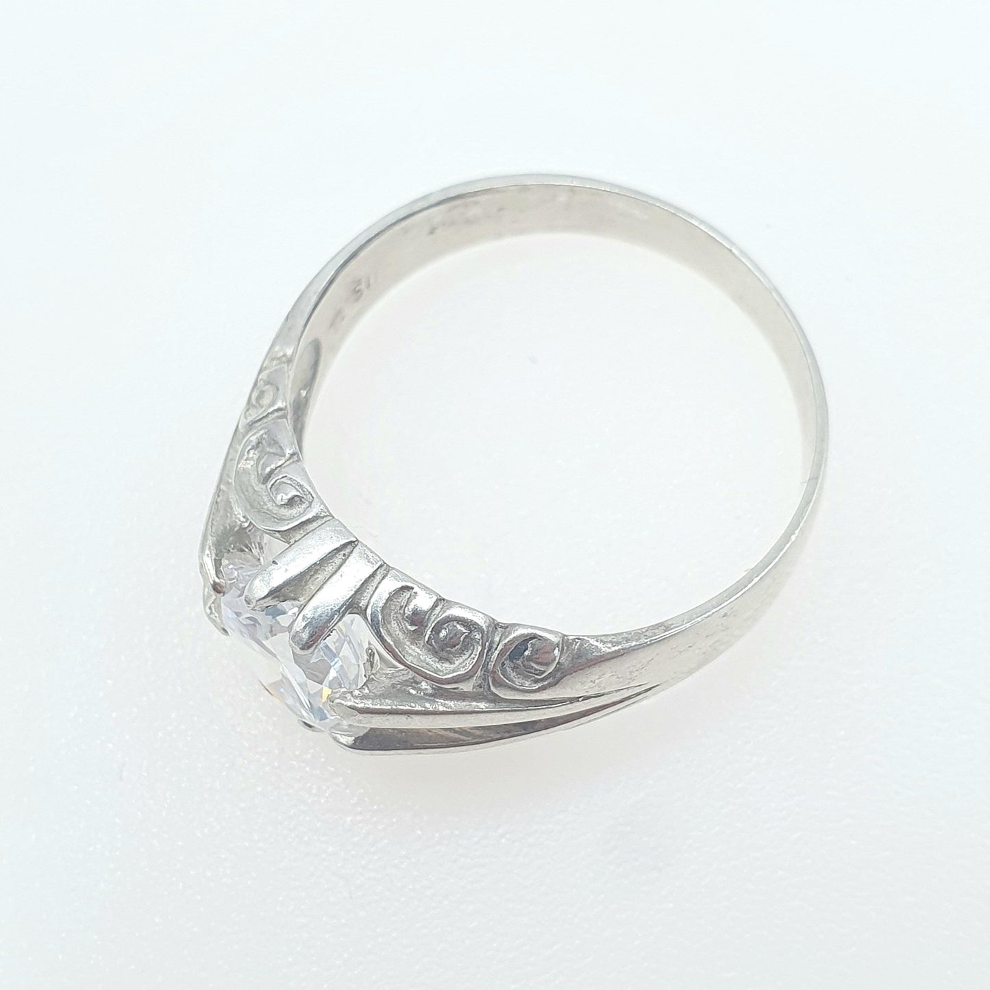 Vintage Solid Silver CZ Gypsy Ring Solitaire Round Cut Sparkly White Gemstone Large Retro Womens Mens Jewellery Jewelry UK U.5 US 10.25