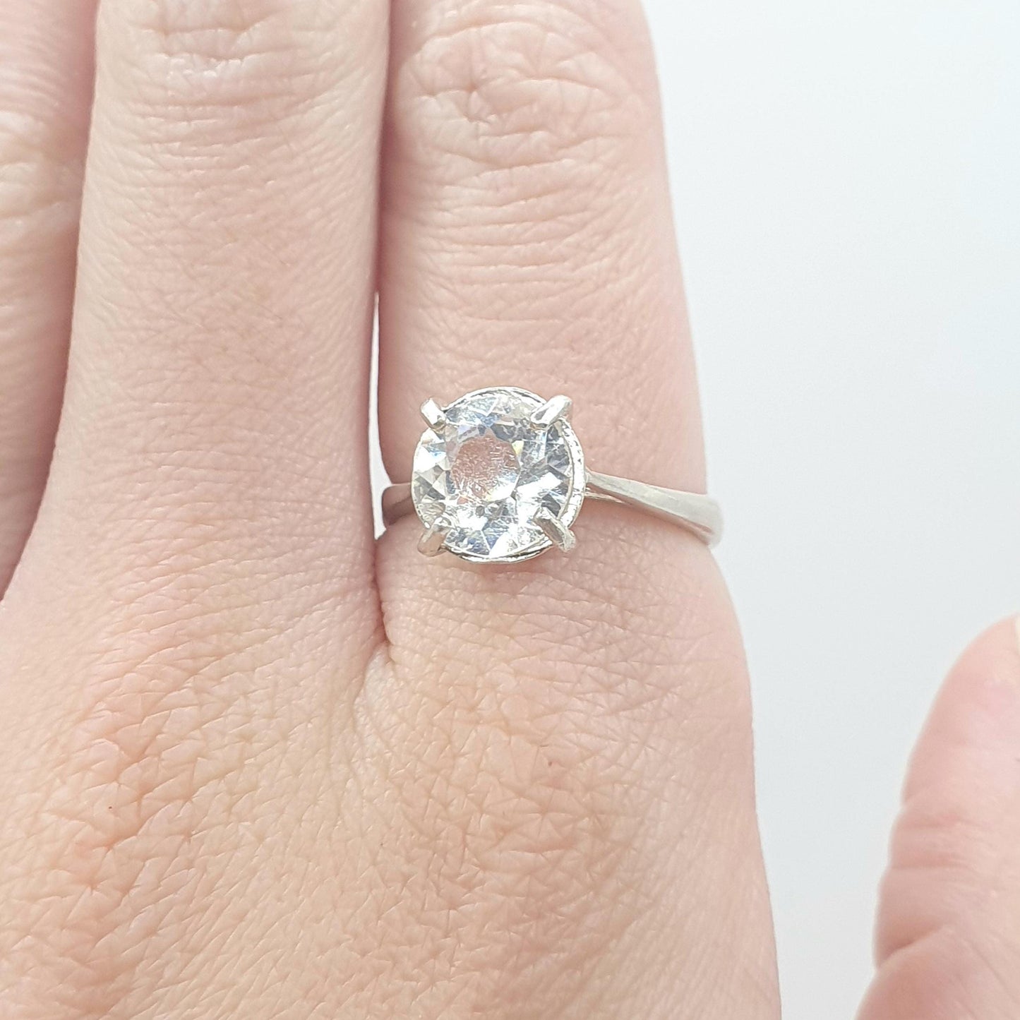 Vintage Sterling Silver White Crystal Solitaire Ring Cocktail Retro Solid 925 Jewellery Jewelry UK Q.5 or US 8.25