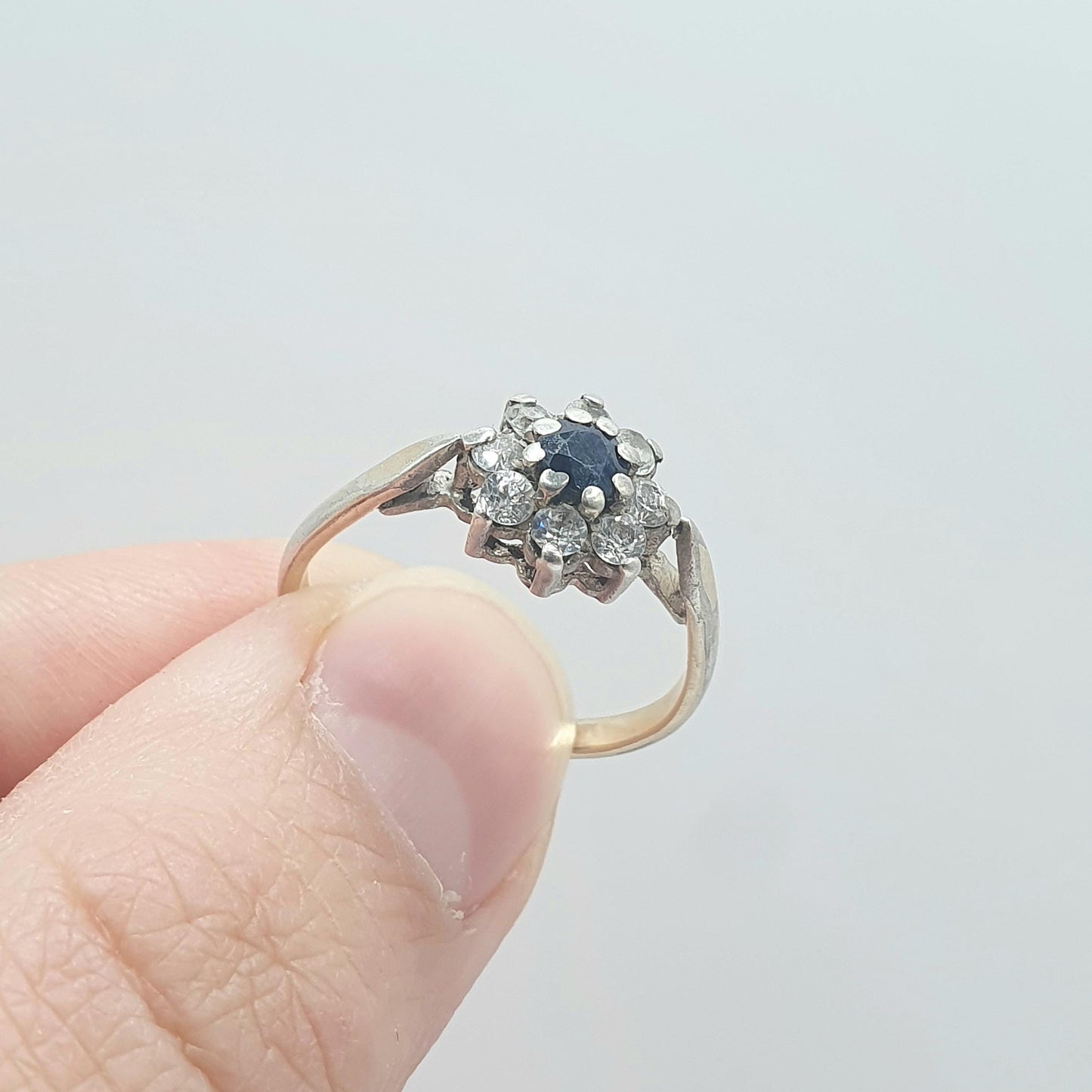 Vintage Sterling Silver Sapphire Cluster Ring Gold Vermeil CZ Border Sparkly Retro Womens Jewellery Jewelry UK N US6.75