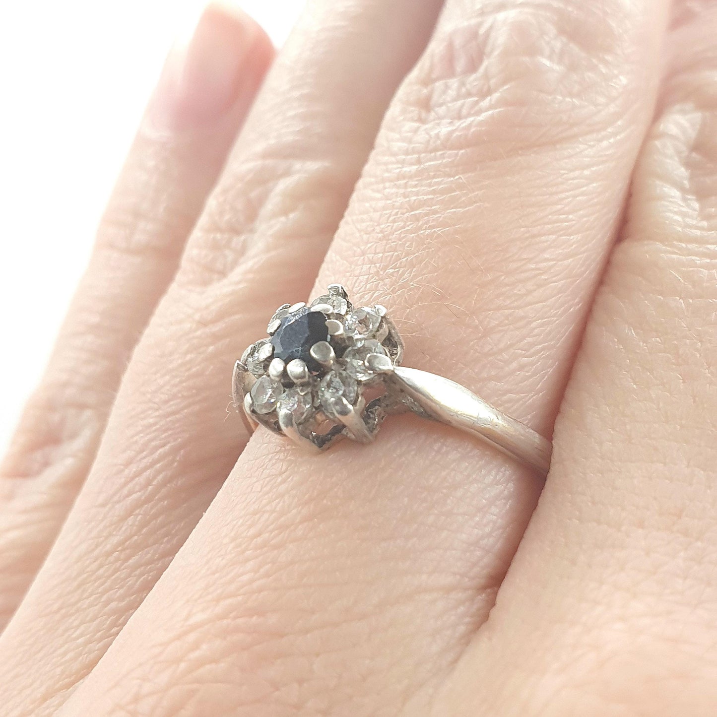 Vintage Sterling Silver Sapphire Cluster Ring Gold Vermeil CZ Border Sparkly Retro Womens Jewellery Jewelry UK N US6.75