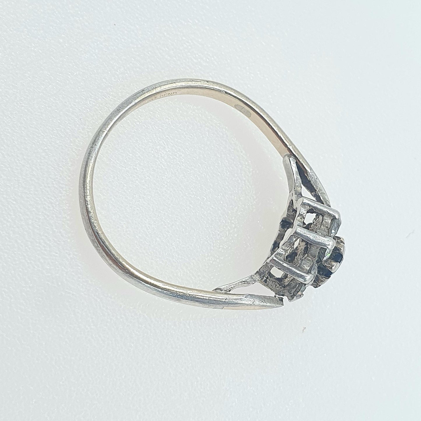 Vintage Sterling Silver Sapphire Cluster Ring Gold Vermeil CZ Border Sparkly Retro Womens Jewellery Jewelry UK N US6.75