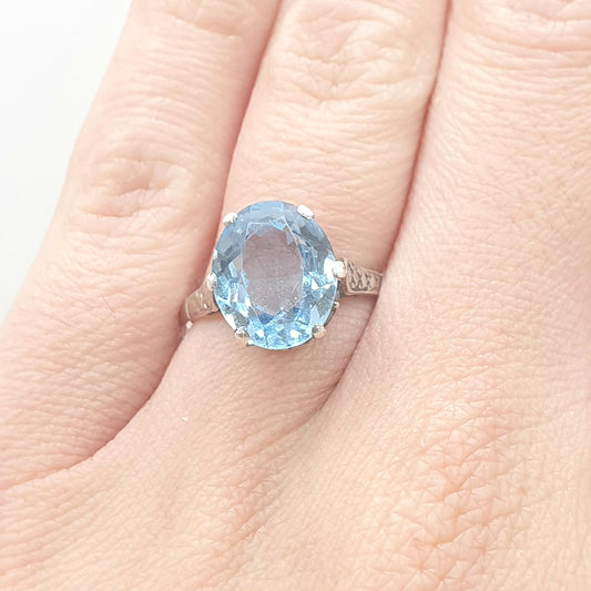 Antique Art Deco Solid Silver Aquamarine Paste Ring Oval Cut Cyan Blue Glass Solitaire Womens Mens Vintage Jewelry Jewellery