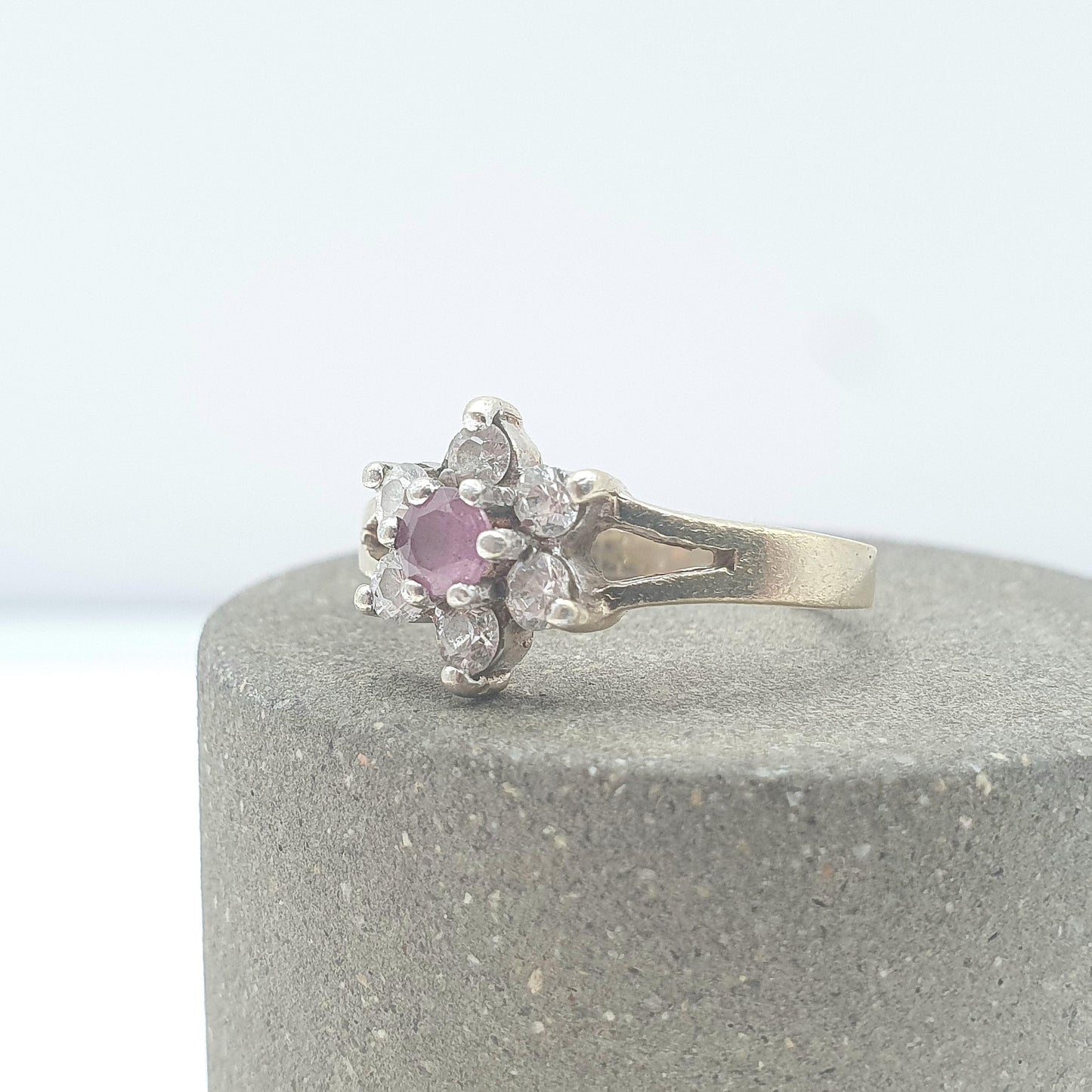 Vintage Gold on Sterling Silver Ruby Ring Cluster CZ Border Genuine Red Gemstone 925 Flower Womens Jewelry Jewellery UK L.5 US 6