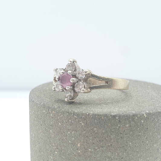 Vintage Gold on Sterling Silver Ruby Ring Cluster CZ Border Genuine Red Gemstone 925 Flower Womens Jewelry Jewellery UK L.5 US 6