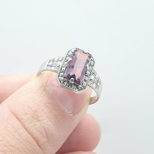 Antique Solid Silver Amethyst Paste Ring Rectagular Cut Art Deco Lilac Purple Womens Jewelry Retro Vintage Jewellery UK O.5 US 7.5