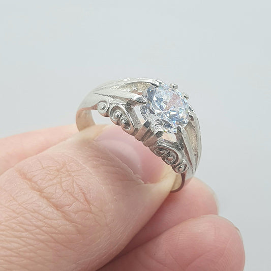 Vintage Solid Silver CZ Gypsy Ring Solitaire Round Cut Sparkly White Gemstone Large Retro Womens Mens Jewellery Jewelry UK U.5 US 10.25