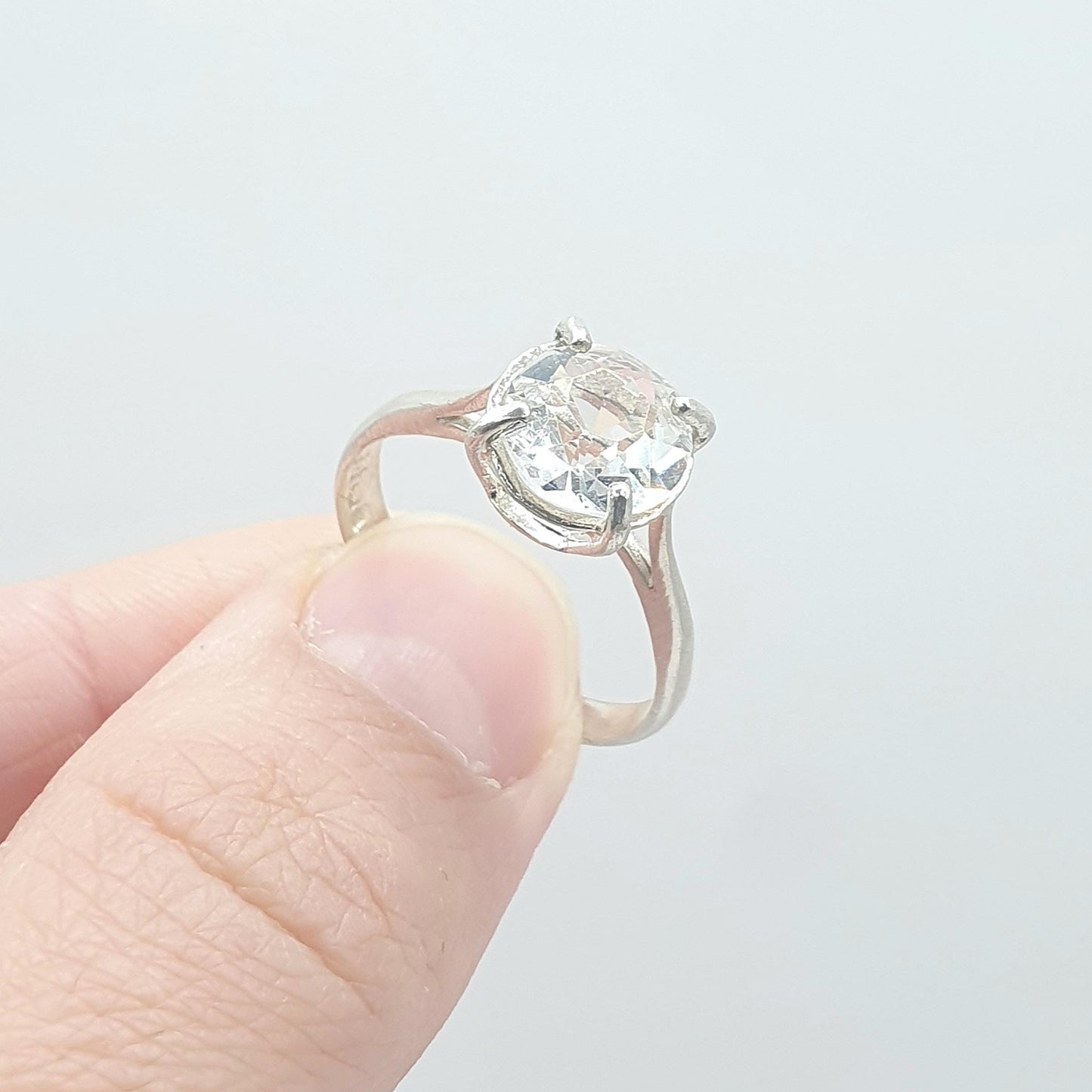 Vintage Sterling Silver White Crystal Solitaire Ring Cocktail Retro Solid 925 Jewellery Jewelry UK Q.5 or US 8.25