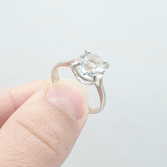 Vintage Sterling Silver White Crystal Solitaire Ring Cocktail Retro Solid 925 Jewellery Jewelry UK Q.5 or US 8.25