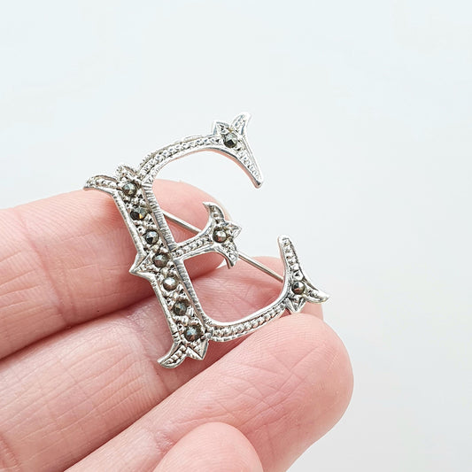 Antique Art Deco Solid Silver "E" Letter Initial Brooch Marcasite Unisex Womens Mens Gift Jewelry Vintage Jewellery