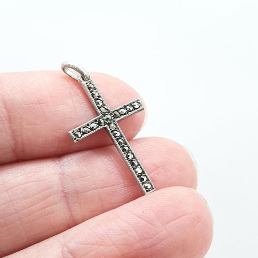 Antique Art Deco Sterling Silver Marcasite Cross Crucifix Charm Pendant Made by TLM Thomas L Mott Jewelry Vintage Jewellery Mens Womens