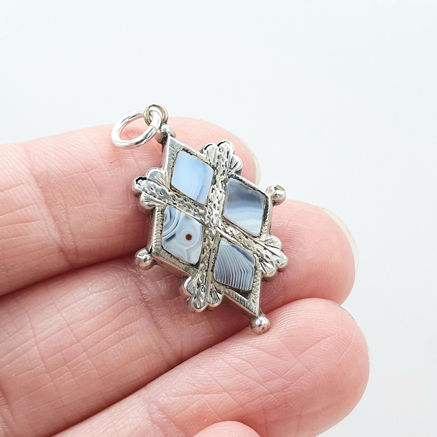 Antique Victorian Solid Silver Montrose Lace Agate Pendant Scottish St Andrews Cross Vintage Jewelry Jewellery Womens Mens