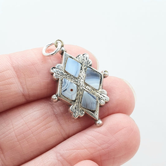Antique Victorian Solid Silver Montrose Lace Agate Pendant Scottish St Andrews Cross Vintage Jewelry Jewellery Womens Mens