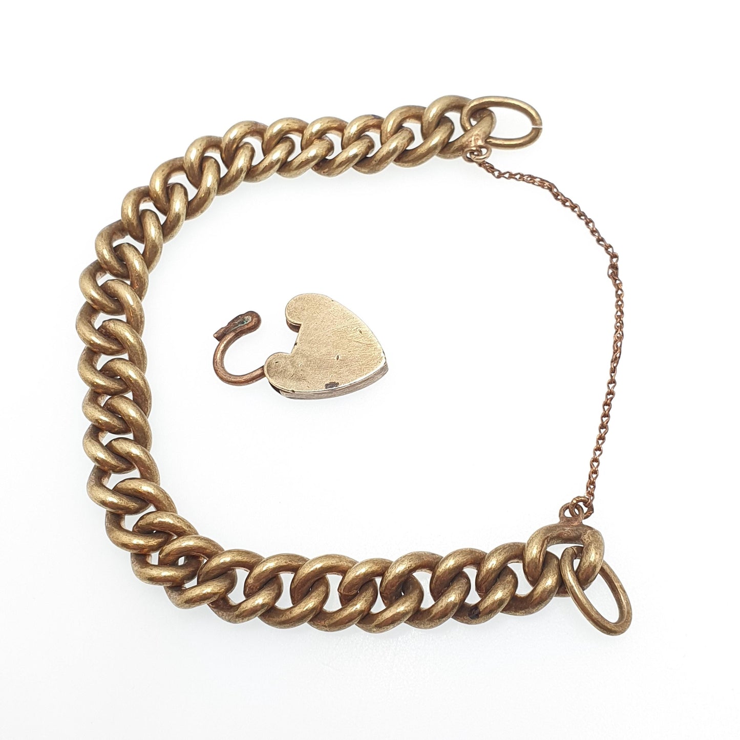 Antique Victorian Curb Link Padlock Bracelet Gold Tone Base Metal Lock Clasp Charm Textured Links 20cm 7.8" 48.19g