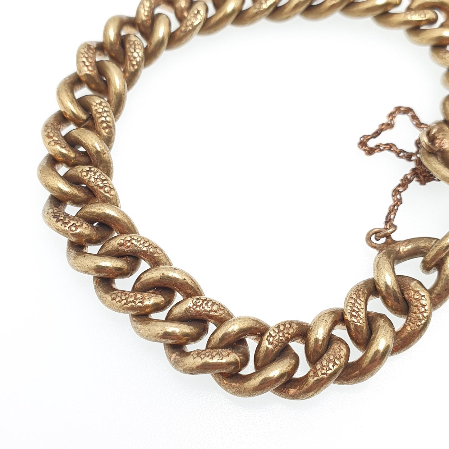 Antique Victorian Curb Link Padlock Bracelet Gold Tone Base Metal Lock Clasp Charm Textured Links 20cm 7.8" 48.19g