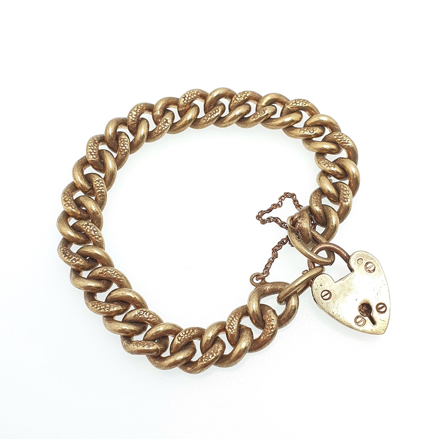 Antique Victorian Curb Link Padlock Bracelet Gold Tone Base Metal Lock Clasp Charm Textured Links 20cm 7.8" 48.19g