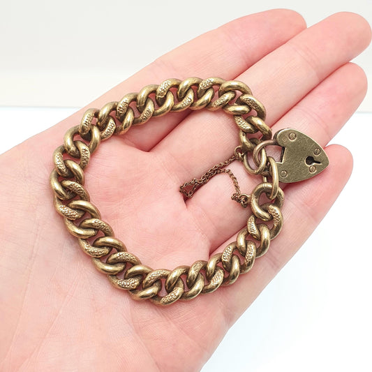 Antique Victorian Curb Link Padlock Bracelet Gold Tone Base Metal Lock Clasp Charm Textured Links 20cm 7.8" 48.19g
