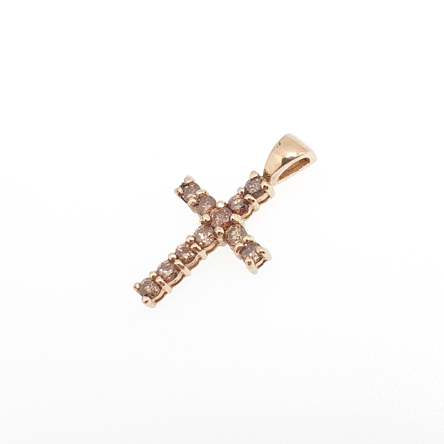 Vintage 9ct Gold Champagne Diamond Cross Crucifix Pendant Brown Diamonds Solid 9k 9kt 375 Necklace Retro Jewelry