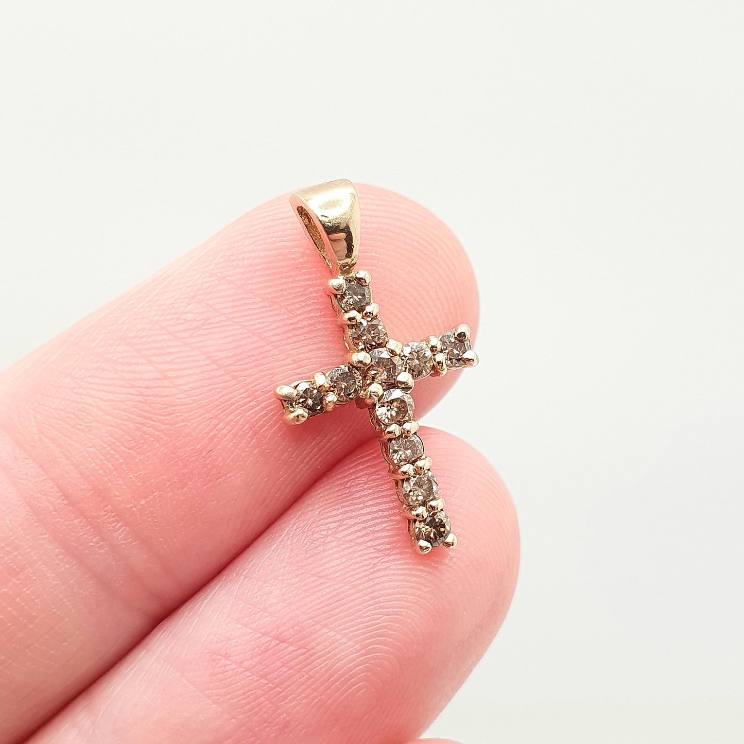 Vintage 9ct Gold Champagne Diamond Cross Crucifix Pendant Brown Diamonds Solid 9k 9kt 375 Necklace Retro Jewelry