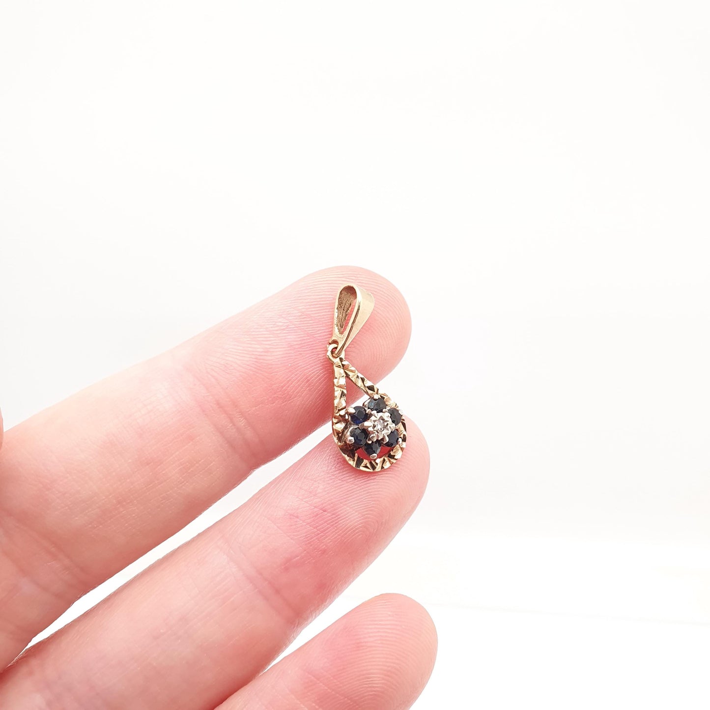 Vintage 9k 9ct Gold Sapphire & Diamond Necklace Cluster Pear Shape Pendant Halo Solid 375 Yellow Womens Jewelry Retro Jewellery