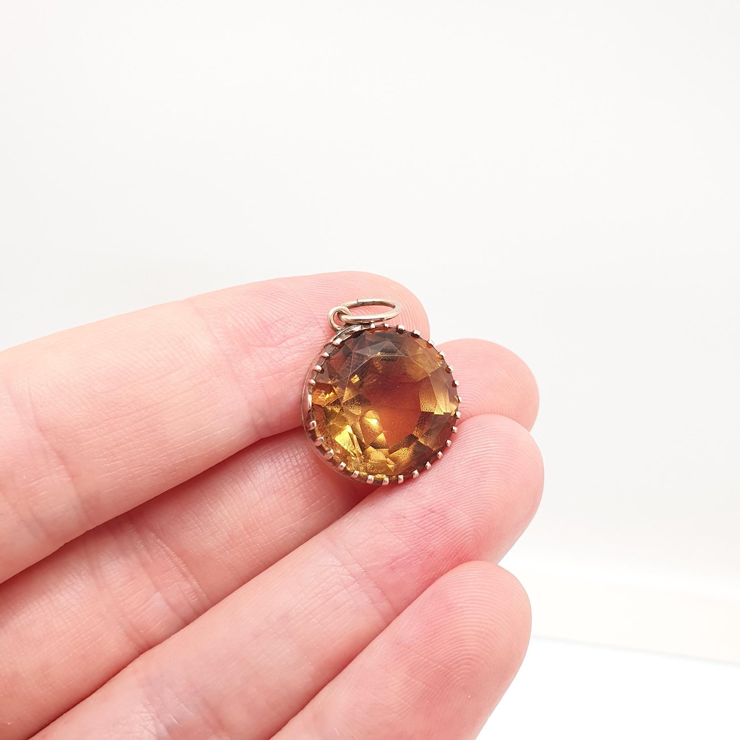 Antique 9ct 9k Gold Citrine Pendant Necklace Victorian Natural Gemstone Round Cut Large Dark Orange Quartz Vintage Jewellery Jewelry