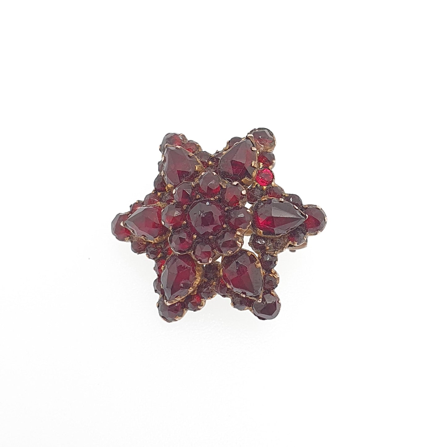 Antique Victorian Bohemian Garnet Star Brooch Pin Starburst Rolled Gold Renaissance Revival 1800s Pyrope Vintage Womens Jewelry Jewellery