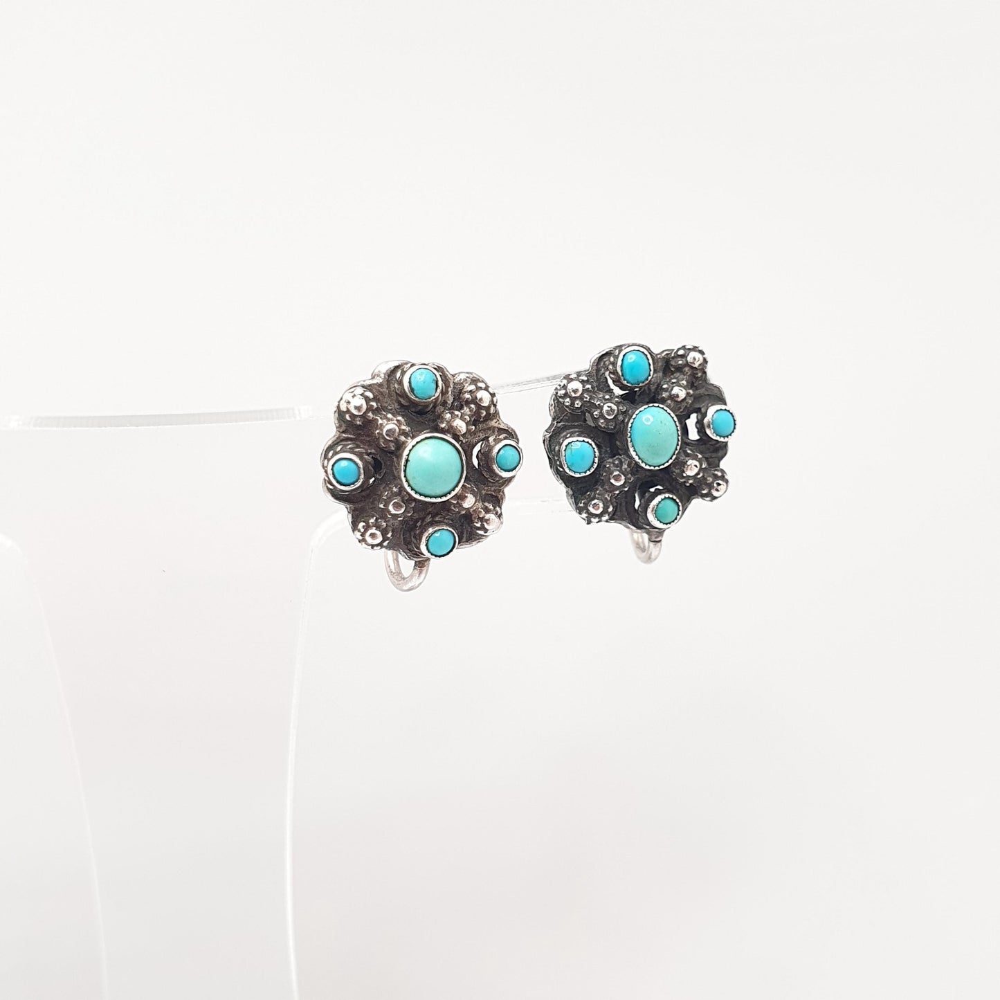 Antique Austro Hungarian Solid Silver Turquoise Earrings Victorian Natural Gemstones Screw Back Vintage Womens Jewelry Jewellery