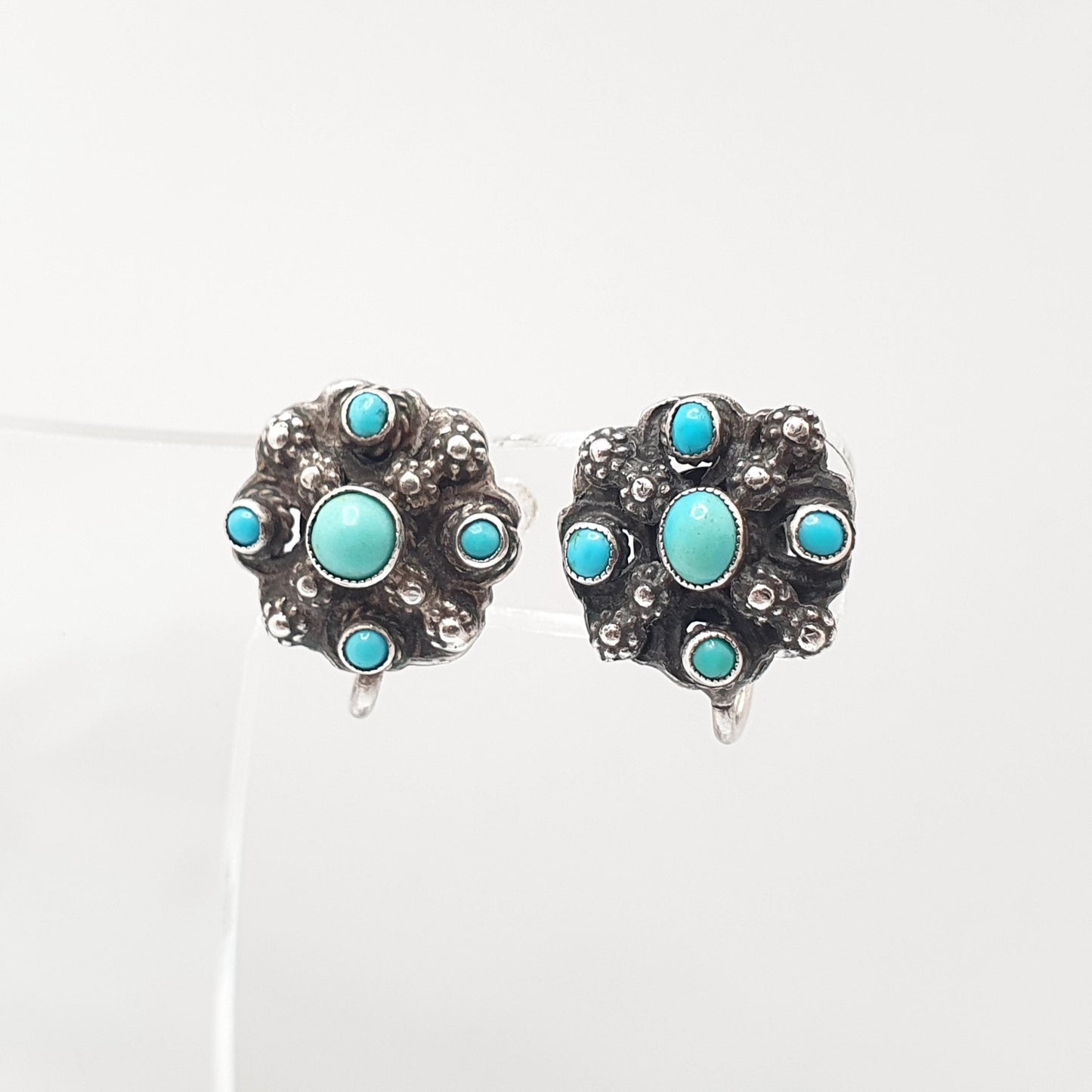 Antique Austro Hungarian Solid Silver Turquoise Earrings Victorian Natural Gemstones Screw Back Vintage Womens Jewelry Jewellery