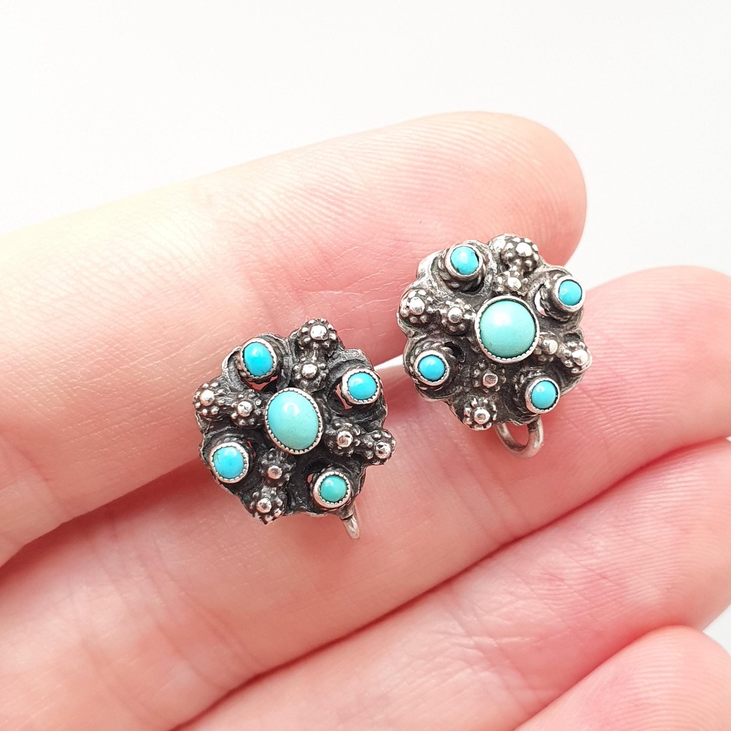 Antique Austro Hungarian Solid Silver Turquoise Earrings Victorian Natural Gemstones Screw Back Vintage Womens Jewelry Jewellery