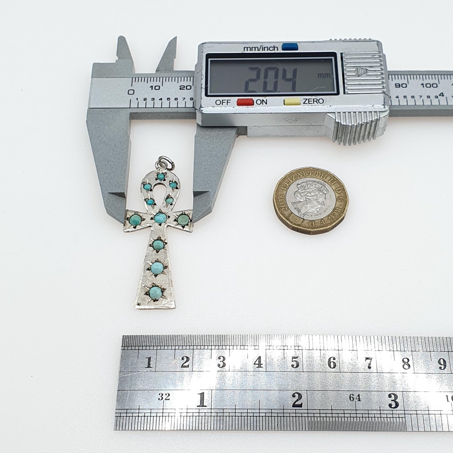 Vintage Solid Silver Egyptian Ankh Pendant Turquoise Gemstone Key of Life Egypt Large Jewelry Jewellery Mens Womens Necklace